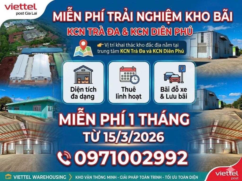Cho thuê kho 1600m2 KCN Trà Đa, Gia Lai - Giá tốt, hỗ trợ PCCC, điện 3 pha