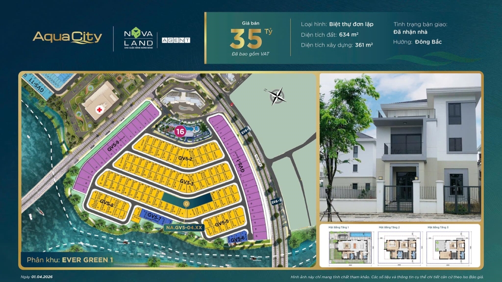 Biệt thự đơn lập Aqua City: Siêu hiếm, sân vườn rộng, đất nở hậu phong thủy